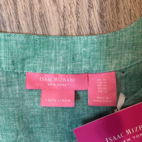 NWT‎ Isaac Mizrahi 100 % Linen Short Sleeve Vneck Shirt Green - Picture 8 of 9